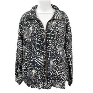 Vintage EVR Women's Silk Bomber Jacket Animal Print Zip Front Zebra 80s 90s Sz L